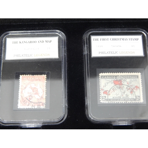 900 - Collection of Philatelic Legends stamps (5) in plastic slabs in collectors presentation case