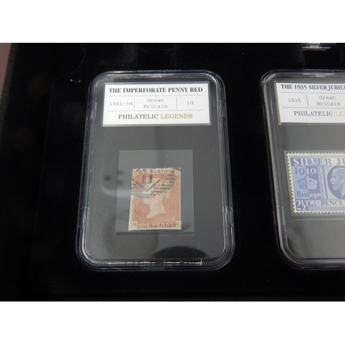 900 - Collection of Philatelic Legends stamps (5) in plastic slabs in collectors presentation case