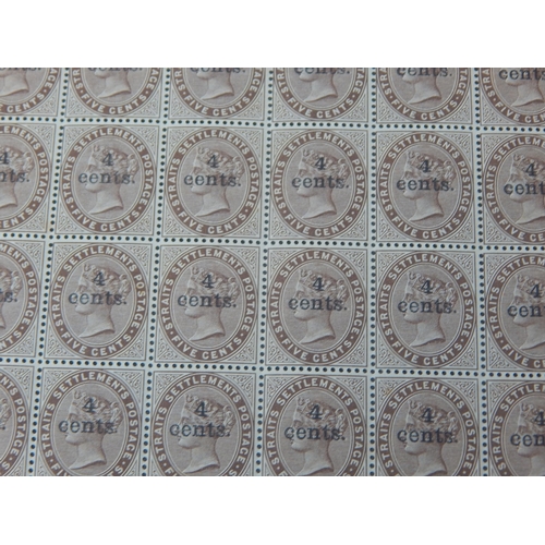 909 - Straits Settlements Queen Victoria of 5 Cents overprinted 4 Cents sheet of 60 stamps Mint