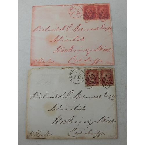 991 - 4 October 1871 pair of 1d plate tied by two fine strikes 'TENBY' sideways duplex