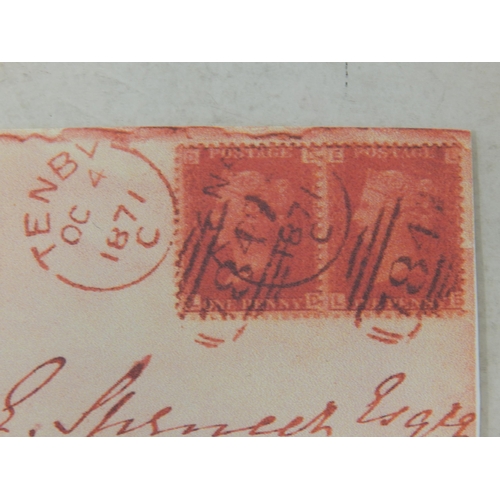 991 - 4 October 1871 pair of 1d plate tied by two fine strikes 'TENBY' sideways duplex