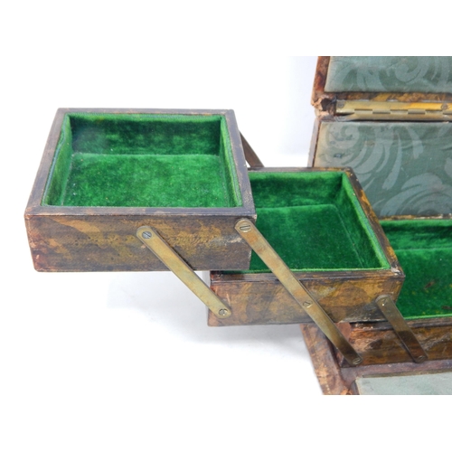 403 - Late Victorian Leather Clad Jewellery Box with Concertina Tiers: Complete with key.