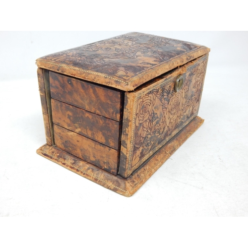 403 - Late Victorian Leather Clad Jewellery Box with Concertina Tiers: Complete with key.