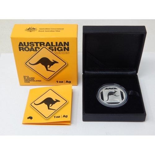 110 - Australian Road Sign Series 2013 $1 Silver Frosted 1oz Coin in Case of Issue with COA & Outer Box