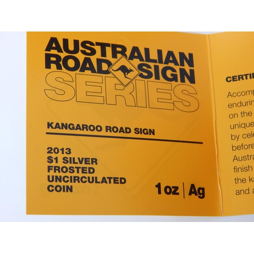 110 - Australian Road Sign Series 2013 $1 Silver Frosted 1oz Coin in Case of Issue with COA & Outer Box