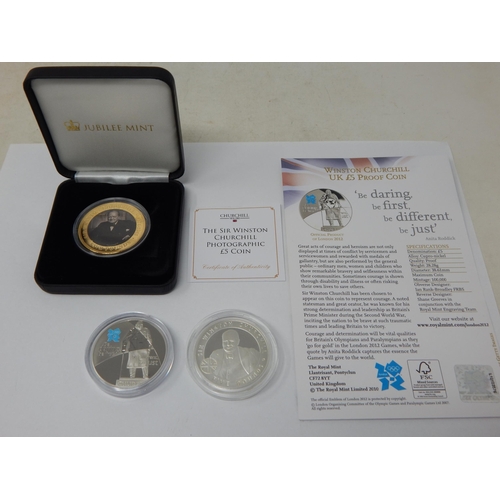 104 - Winston Churchill Silver Proof Commemorative £5 Coin together with a Churchill London Games 2012 £5 ... 