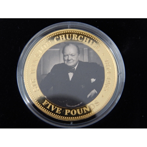 104 - Winston Churchill Silver Proof Commemorative £5 Coin together with a Churchill London Games 2012 £5 ... 