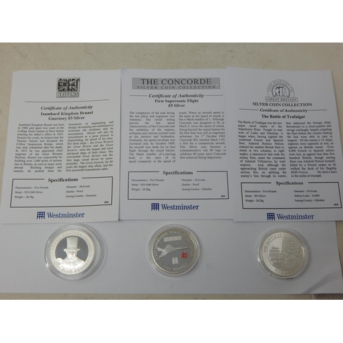 105 - Silver Proof £5 Coins: Brunel, Concorde First Supersonic Flight & The Battle of Trafalgar. All with ... 