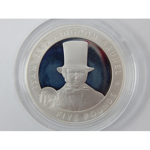 105 - Silver Proof £5 Coins: Brunel, Concorde First Supersonic Flight & The Battle of Trafalgar. All with ... 