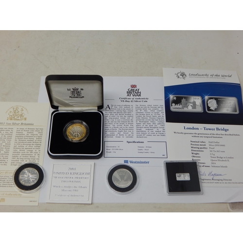 106 - 2011 Silver 1/2 oz Britannia, Fine Silver Proof Tower Bridge Ingot, VE-Day Silver £2 Coin & 2001 Sil... 