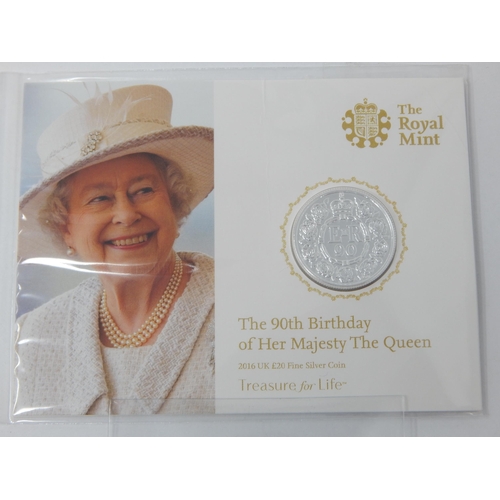 96 - QEII 90th Birthday 2016 Fine Silver £20 Coin in Sealed Pack of Issue together with a QEII 80th Birth... 