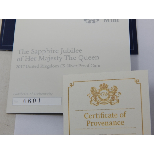 97 - QEII 2017 Sapphire Jubilee Silver Proof £5 Coin together with a QEII Platinum Wedding Silver Proof P... 