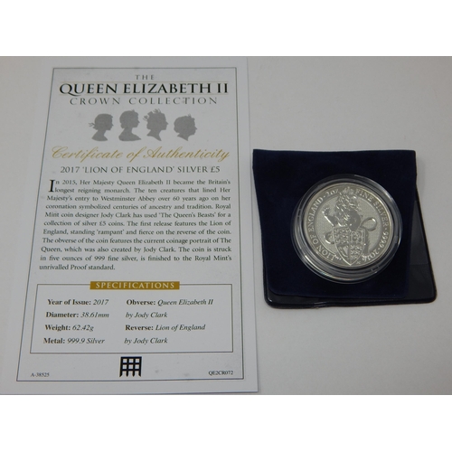 91 - QEII 2017 Lion of England Silver Proof £5 Coin: weight 62.42g with COA