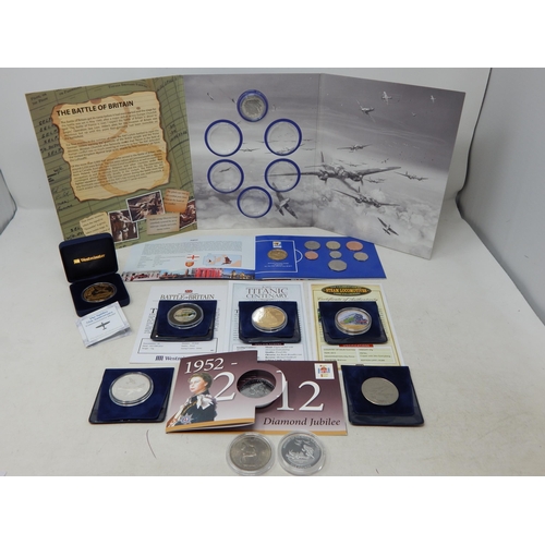 92 - Commemorative Coins: Titanic, The Flying Scotsman, Battle of Britain, QEII Coronation 1953, 2010 FIF... 