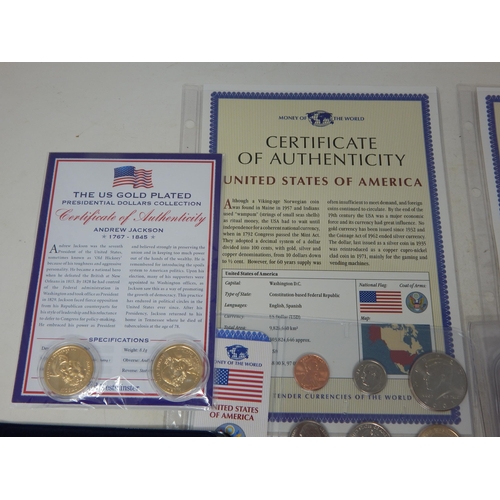 93 - US Gold Plated Presidential Dollars in Packs of Issue with COA's together with US & UK Coin Sets wit... 