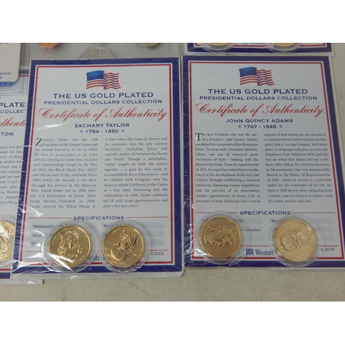 93 - US Gold Plated Presidential Dollars in Packs of Issue with COA's together with US & UK Coin Sets wit... 