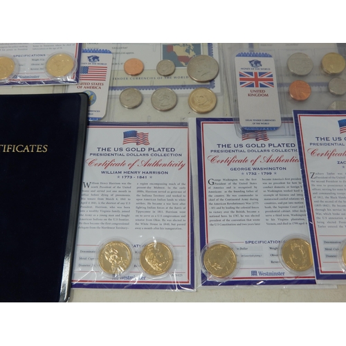 93 - US Gold Plated Presidential Dollars in Packs of Issue with COA's together with US & UK Coin Sets wit... 