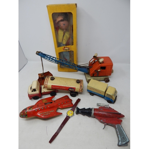 575 - Group of Vintage Tin Plate Vehicles, Dan Dare Metal Gun, Pelham Puppet (boxed) & Snoopy Wristwatch.