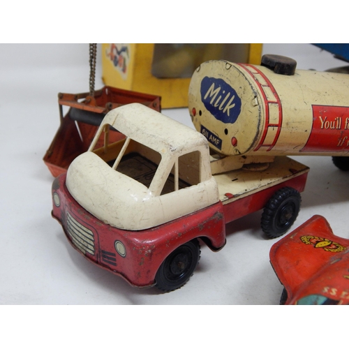 575 - Group of Vintage Tin Plate Vehicles, Dan Dare Metal Gun, Pelham Puppet (boxed) & Snoopy Wristwatch.