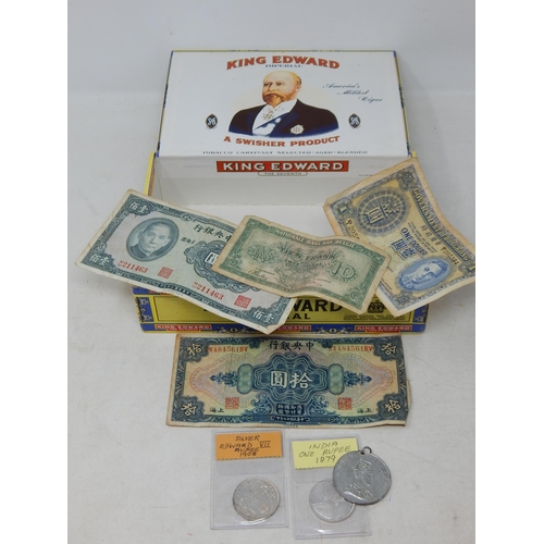 Vintage cigar box containing Victoria India Silver Rupee 1879, Edward VII Silver Rupee 1908; Edward VIII Medallion to Commemorate the Coronation of Edward VIII 12 May 1937 although he abdicated; and a selection. of vintage banknotes