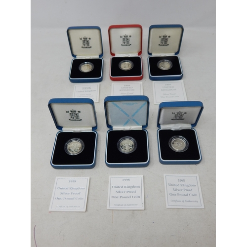 72 - UK Silver Proof Pounds 1995, 1996, 1998(2), 1999; Proof PIEDFORT One Pound coin 1999 all brilliant, ... 