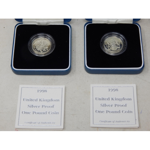 72 - UK Silver Proof Pounds 1995, 1996, 1998(2), 1999; Proof PIEDFORT One Pound coin 1999 all brilliant, ... 