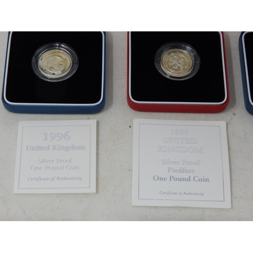 72 - UK Silver Proof Pounds 1995, 1996, 1998(2), 1999; Proof PIEDFORT One Pound coin 1999 all brilliant, ... 