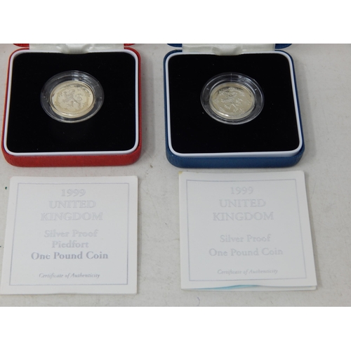 72 - UK Silver Proof Pounds 1995, 1996, 1998(2), 1999; Proof PIEDFORT One Pound coin 1999 all brilliant, ... 