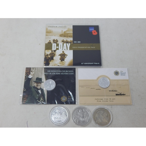 76 - Outbreak 2014 UK £20 Fine Silver coin; Sir Winston Churchill 2015 UK £20 Fine Silver coin; Isle of M... 