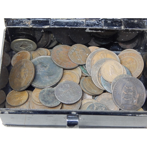 75 - A vintage tin box containing an interesting and varied selection of early Copper and Bronze coinage ... 