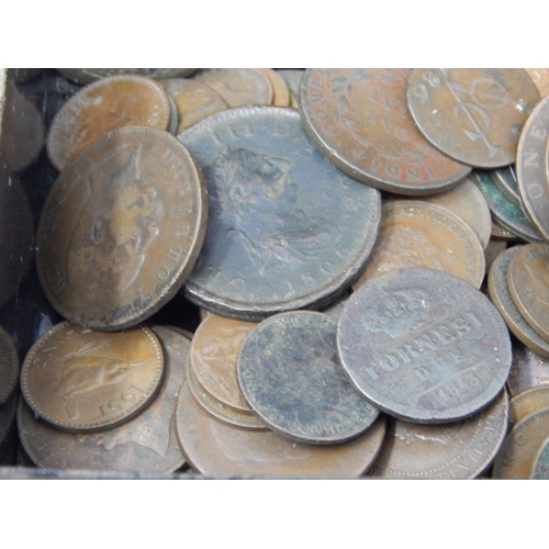 75 - A vintage tin box containing an interesting and varied selection of early Copper and Bronze coinage ... 