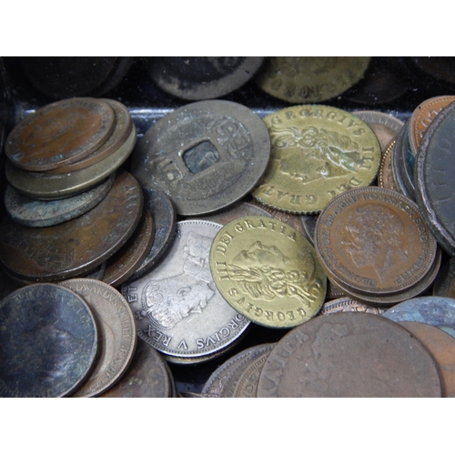 75 - A vintage tin box containing an interesting and varied selection of early Copper and Bronze coinage ... 