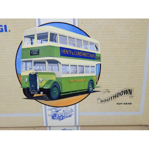 591 - Corgi Boxed Die-Cast Buses/Coaches: The Southdown Guy Arab, AEC Regal, Bedford OB Coach, Barton x2.