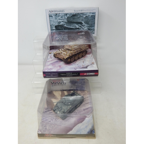 598 - Corgi WWII Legends Sherman Tank, The Fall of Germany Panza Tank & North Korean 109th Tank: All Boxed... 