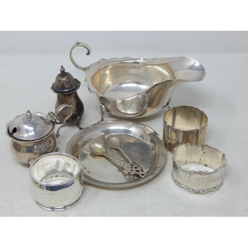 A Group of Hallmarked Silver to Include a Sauce Boat, Napkin Rings, Mustards etc: Various Dates & Makers: Weight 288g