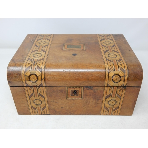 542 - Victorian Inlaid Domed Top Sewing Box: Measuring 29.5cm x 22.5cm x 14cm high