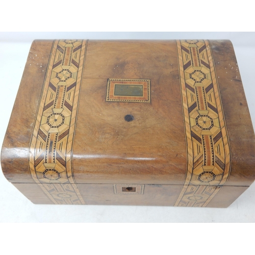 542 - Victorian Inlaid Domed Top Sewing Box: Measuring 29.5cm x 22.5cm x 14cm high