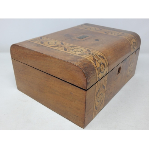 542 - Victorian Inlaid Domed Top Sewing Box: Measuring 29.5cm x 22.5cm x 14cm high