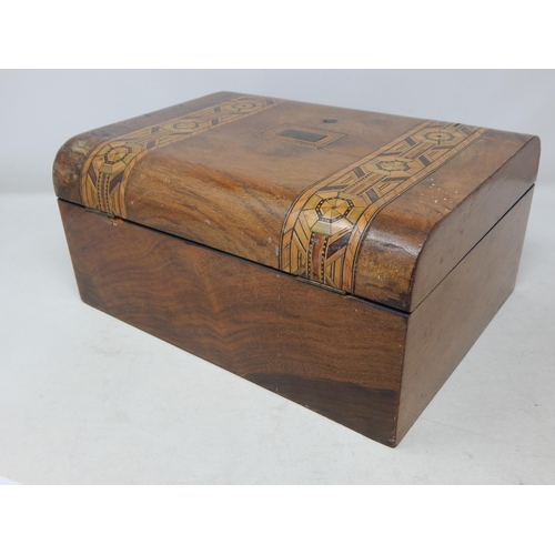 542 - Victorian Inlaid Domed Top Sewing Box: Measuring 29.5cm x 22.5cm x 14cm high