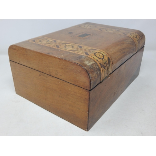 542 - Victorian Inlaid Domed Top Sewing Box: Measuring 29.5cm x 22.5cm x 14cm high