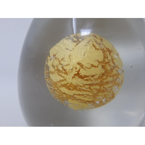 544 - Signed Egg Shaped Glass paperweight with Inner Gold Sphere on Glass Stand: Height 10cm