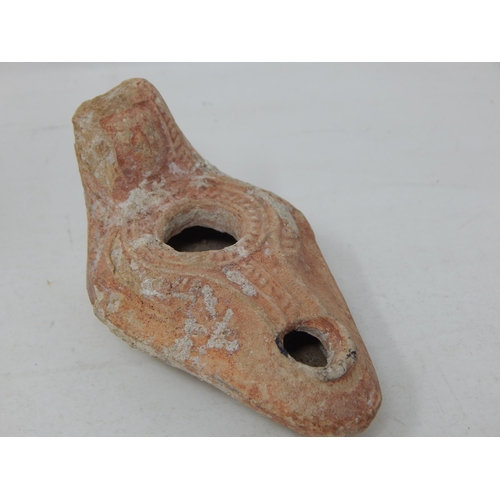 555 - Egyptian Terracotta Tomb Figure 14cm high together with an Egyptian Terracotta Oil Lamp.