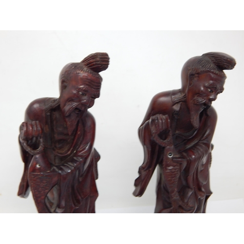 461 - Pair of Chinese Hardwood Figures of Fishermen: Height 20.5cm