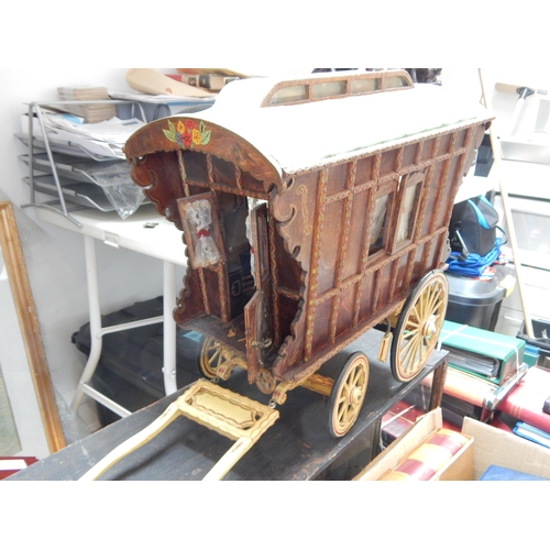 552 - Large Wooden Constructed Model of a Gypsy Caravan with Turning Wheels, Opening Windows & Door. Fitte... 