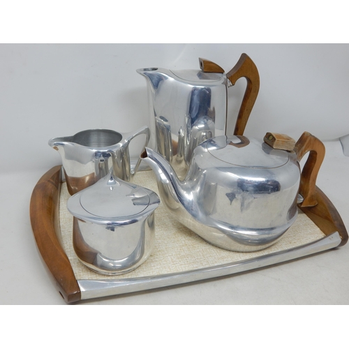 553 - 1950's Picquot Ware Tea Set Comprising: Tray, Teapot, Hot Water Pot, Milk Jug & Lidded Sugar Bowl.