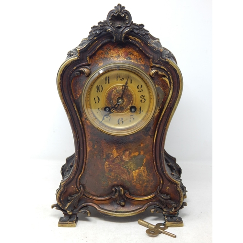 463 - Late 19th Century French Chiming Mantel Clock in Heavy Cast Metal Case with Rococo Decoration: The C... 