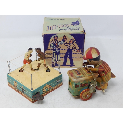 465 - Vintage Tin Plate Key Wind Toys Comprising: Ice Cream Vendor & Boxers in Ring: Both with Keys & Work... 