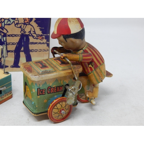 465 - Vintage Tin Plate Key Wind Toys Comprising: Ice Cream Vendor & Boxers in Ring: Both with Keys & Work... 