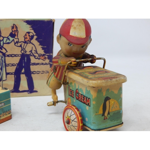 465 - Vintage Tin Plate Key Wind Toys Comprising: Ice Cream Vendor & Boxers in Ring: Both with Keys & Work... 