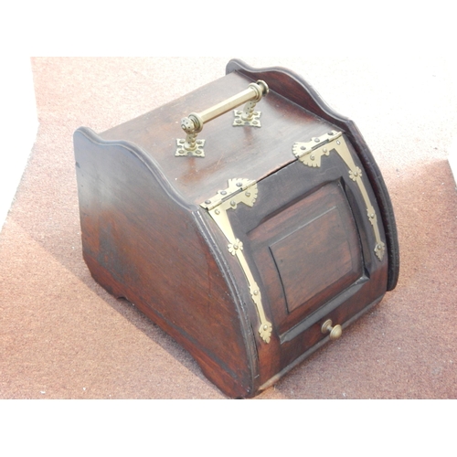 467 - Antique Mahogany Coal Scuttle with Brass Handles & Strapping. The Hinged Front Revealing an Aluminiu... 